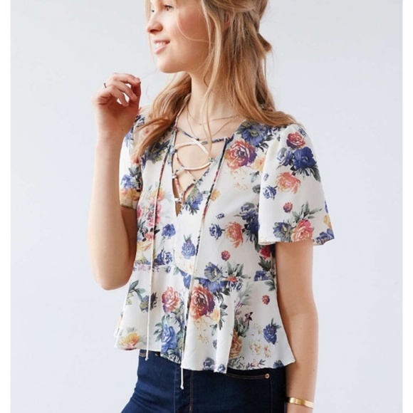 Urban Outfitters Tops - UO Kimchi Blue Floral Judy Lace-Up Blouse Large